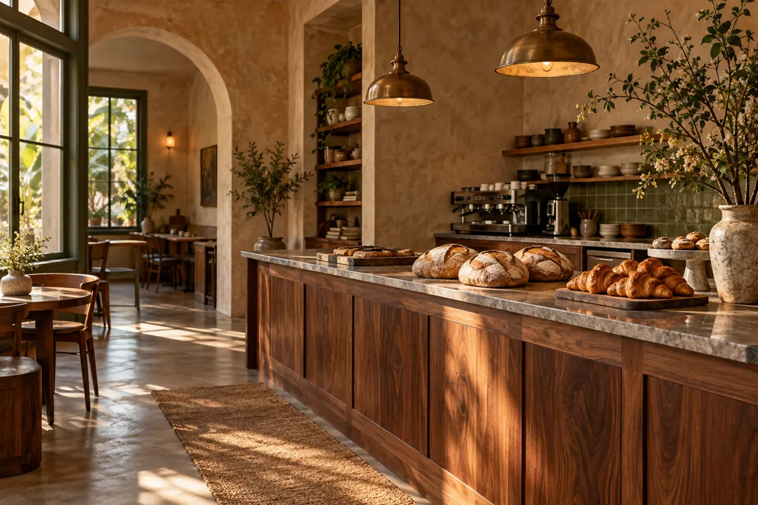 Interior acolhedor com balcão de madeira, pães artesanais e luz natural