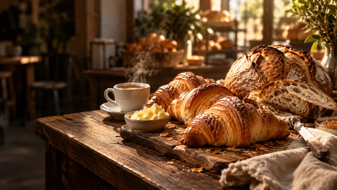 Pão de fermentação natural e croissants com café